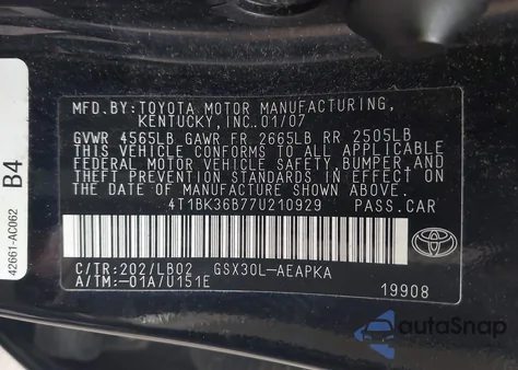 2007 Toyota Avalon Limited from USA, damaged, VIN 4T1BK36B77U210929